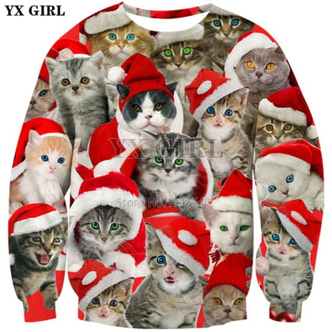 YX брендовая одежда для девочек 2018 Новинка Модный свитшот рождественское аниме милая кошка коллаж печать 3d Мужской Женский Повседневный пуловер 2022 - купить недорого
