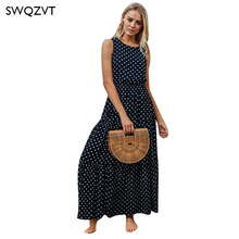 Sleeveless maxi dress women fashion O-neck wave point summer dress long 2019 new slim print casual dress women plus size 2024 - buy cheap