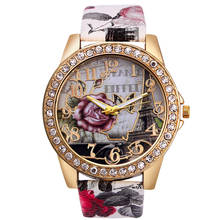 Модные женские часы Vogue, розовое золото, цветы, стразы, роскошные повседневные женские кожаные кварцевые часы, Saat Relogio Feminino * A 2024 - купить недорого