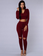 Women Two Piece Outfits Pants 2020 Hot Spring Long Sleeve Ripped Bodycon Rompers and Jumpsuits Casual Red Black Hooded Overalls 2024 - buy cheap