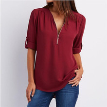 Summer New Women Chiffon Blouse Pluse Size S-5XL Cool Half Sleeve Loose Shirt Sexy Deep V-neck Zipper Blouse Tops 2024 - buy cheap