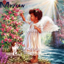 MYTIAN 5D алмазная живопись «сделай сам», Африканский Американский Ангел в саду, котята, алмазная вышивка, полностью квадратная, круглая мозаичная наклейка 2024 - купить недорого