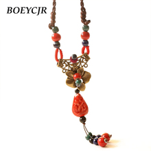 BOEYCJR  Chinese Ceramic Beads Rope Necklace Chain Handmade Jewelry Ethnic Copper Alloy Long Pendant Necklace for Women  2024 - buy cheap