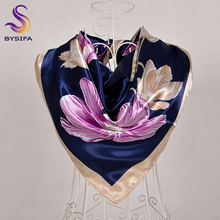 BYSIFA-chal de satén de seda pura azul para mujer, bufanda elegante con diseño Floral, bufandas grandes y cuadradas, para la cabeza 2024 - compra barato