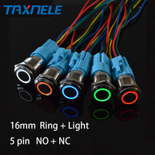 16mm botão de pressão de metal à prova d' água, anel e luz de led 9-24v 12v 110v 220v, travamento momentâneo 1no 1nc ampla tensão