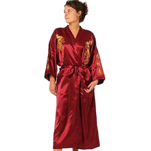 Burgundy Silk Embroidery Dragon Kimono Bathrobe Gown Women Sexy Satin Robe Long Nightgown Size S M L XL XXL XXXL BR040 2024 - buy cheap