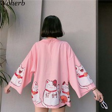 Woherb-Blusa holgada con estampado de gato y dibujos animados para verano, camisa de talla grande venda larga, estilo Kawaii, 2021, 20871 2024 - compra barato