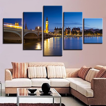 HD Printed Poster On Modular Canvas Decor 5 Pieces Bridge And London City Buildings Night Scene Painting Wall Art Pictures Frame 2024 - buy cheap