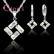 Romantic 925 Sterling Silver Square white zircon Crystal Pendant Necklace Earrings Jewelry Sets Women Wholesale 2024 - buy cheap