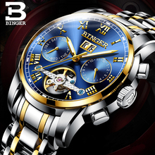 Genuine Luxury BINGER Brand Men Self-wind Waterproof Full Steel Automatic Mechanical Blue Gold Dial Tourbillon watch 2024 - buy cheap