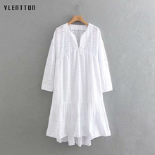 2019 New hollow out Dress Women V-Neck Long Sleeve A-Line Beach Dress Spring summer Casual White Dress Vestidos High Quality 2024 - buy cheap