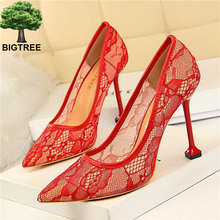 BIGTREE Sexy Cut-Outs Lace Pointed Toe High Heels Shoes Women's Fashion Shallow Women Pumps Show Thin Party Shoes Size 34-40 2024 - buy cheap