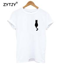 Женская футболка с карманом в виде кошки, хлопковая Повседневная забавная Футболка для леди, футболка для молодых девушек, хипстерская футболка с рисунком животного 2024 - купить недорого