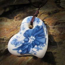 Chinoiserie blue and white porcelain ceramic heart shape pendant necklace Chinaware beauty from Jingde Town 2024 - buy cheap