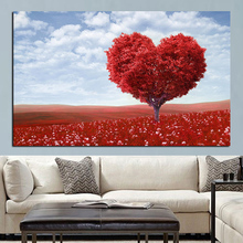 Pintura de paisaje de lona, póster impreso de árbol con corazón en el mar de flores para sala de estar, dormitorio, decoración del hogar 2024 - compra barato