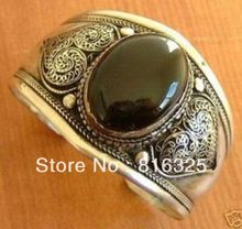 Carved Heart Black Gem Tibetan Silver Women Men Bangle Open Cuff Bracelets 2024 - buy cheap