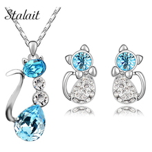 Fashion Pretty Cat Pendant Necklace Jewelry Sets  Austrian Crystal Pendant Necklace Earrings Set 2024 - buy cheap