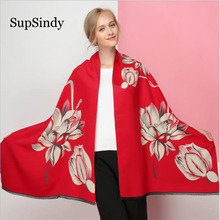 SupSindy-bufanda gruesa y cálida de lana de Cachemira para mujer, chal de marca de lujo con flores de loto, alta calidad, Invierno 2024 - compra barato