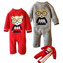 Macacão de inverno para bebês meninas, macacão tricotado com urso de desenho animado para bebês, grosso, fleece coral, recém-nascidos para meninos, traje de neve 2024 - compre barato