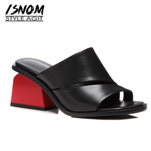 ISNOM Woman Slippers Open Toe Footwear Thick High Heels Female Slides Shoes Cow Leather Mules Shoes Women 2020 Summer New 2024 - buy cheap