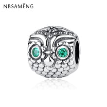 New 100% 925 Sterling Silver Bead Charm Vintage Hollow Owl Green Crystal Beads Charms Fit  Bracelets DIY Women Jewelry 2024 - buy cheap