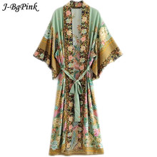Женская длинная рубашка-кимоно с цветочным принтом, V-образным вырезом 2024 - купить недорого