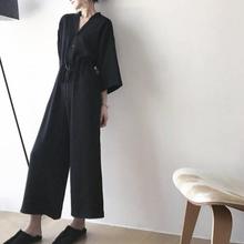 Women Nine Quarter Sleeves Jumpsuit Overalls V-Neck Loose Black Wide Leg Pants Ankle-length Pleated Women Rompers DV679 2024 - buy cheap