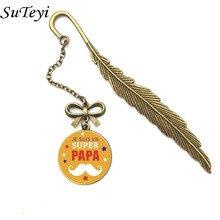 Suteyi New Style Super Papa Dad Metallic Vintage Feather Bookmarks Art Photo Glass Jewelry Pendant Father's Day Book Gift 2024 - buy cheap