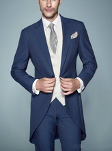 Estilo da manhã um botão azul marinho smoking lapela de pico mecha ternos masculinos para casamento (jaqueta + calça + colete) 2024 - compre barato