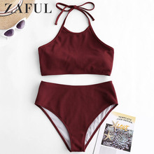 ZAFUL Bikini acanalado de alta cintura Halter Tankini conjunto de cuello alto traje de baño sin alambre acolchado traje de baño para mujeres traje de baño 2019 2024 - compra barato