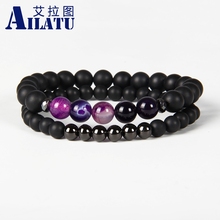 Ювелирные изделия Ailatu оптовая продажа натуральный черный матовый оникс с фиолетовым, синим и розовым полудрагоценным камнем, энергетические браслеты 2024 - купить недорого