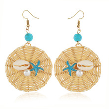 Bamboo Rattan Knit Wood Shell Earrings for Women Vintage Round Handmade Woven Beads Starfish Drop Statement Geometric Earrings 2024 - buy cheap