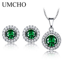 UMCHO Pure 925 Sterling Silver Jewelry Set For Women Green Emerald Gemstone Pendant Stud Earrings RoundWedding Set Fine Jewelry 2024 - buy cheap