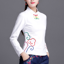 Camiseta de manga larga con bordado étnico para mujer, camisetas elegantes de color sólido 100% de algodón, ropa de Otoño de talla grande 2024 - compra barato