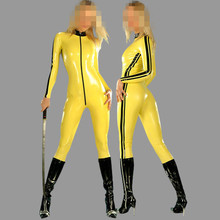 Sexy Lady Rubber Yellow with Black Strips Latex Catsuits with Front Zip not include the socks 2024 - buy cheap