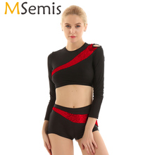 MSemis-traje de equipo de baile para mujer, Top corto de manga larga y cuello redondo con pantalones cortos ajustados, lentejuelas brillantes, 2 uds. 2024 - compra barato