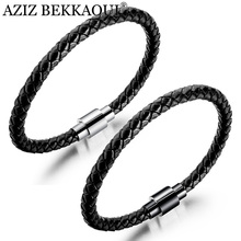 AZIZ BEKKAOUI-Pulseras clásicas de cuero negro para hombre, brazalete de acero inoxidable con ondas, chulas, joyería para hombre, envío directo 2024 - compra barato