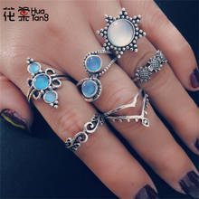 HuaTang женское модное античное серебряное кольцо с опалом, геометрическое кольцо, набор солнцезащитных цветов, резные полые кольца, модные ювелирные изделия 6096 2024 - купить недорого
