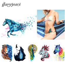 KM-045 de dibujo de acuarela para arte corporal, pegatina de tatuaje temporal de simulación de caballo azul, mariposa, pavo real, 1 pieza 2024 - compra barato
