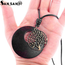 Ethnic Style Natural Wood Round Pendant Necklace  Copper Tone Tree Of Life Charms Wax Chain Necklace Jewelry For Woman Man Gift 2024 - buy cheap