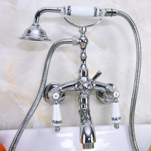Polished Chrome Brass Double Ceramic Handles Wall Mounted Bathroom Clawfoot Bathtub Tub Faucet Mixer Tap w/Hand Shower ana218 2024 - buy cheap