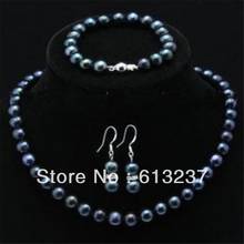 hot free Shipping new Fashion Style diy 7-8mm black Akoya Pearl Necklace Bracelet Earring 1 Sets 18" & 7.5" MY4283 2024 - buy cheap