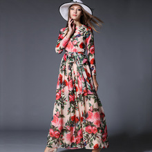 Summer Especially Women Long Sleeve Dresses Flower Print Chiffon Slim Long Sleeve Maxi Dresses Income Sashes Rushed Swing Dress 2024 - buy cheap