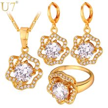 U7 Cubic Zirconia Wedding Jewelry Sets For Women Yellow Gold Color Rose Flower Earrings Ring Necklace Set For Women S727 2024 - buy cheap