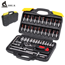Sh e.k-conjunto de ferramentas manuais para reparo de carro, caixa de plástico, 46 peças, para conserto de carro, chave de catraca, soquete, chave de soquete 2024 - compre barato