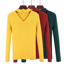 Suéter feminino de manga comprida com decote em v, blusão de malha d213 para mulheres de cor sólida 2024 - compre barato