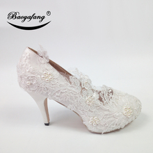 BaoYaFang 2019 New arrival Women wedding shoes Bride White lace party dress shoes lace pearl Bridesmaid round toe patent leather 2024 - buy cheap