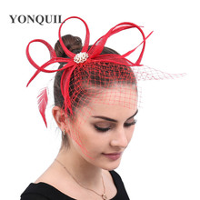 Red Sinamay Hair Accessories Veils Mesh Fascinator Elegant Bridal Women Hair Clips Feather Beads  Party Wedding Church Headwear 2024 - buy cheap