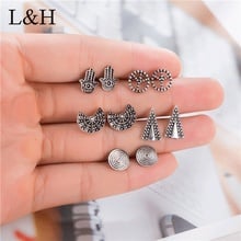 5 Pairs Hamsa Hand Evil Eye Triangle Sector Shaped Stud Earring Set Vintage Antique Silver Earrings For Women Party Jewelry 2024 - buy cheap