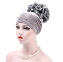 Muslim Women Stretch Velvet Pearl Flower Turban Hats Chemo Beanie Caps Bandana Hijab Pleated Wrap Cover Cap Hair Loss for Cancer 2024 - buy cheap